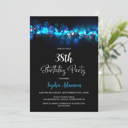 Blue Bokeh Black Any Age Birthday Party Kaart (Staand voorkant)
