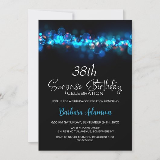 Blue Bokeh Black Surprise Any Age Birthday Party Kaart (Voorkant)
