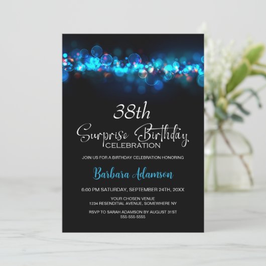Blue Bokeh Black Surprise Any Age Birthday Party Kaart (Staand voorkant)