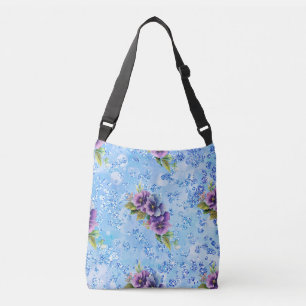 Blue Bokeh Bling Paars & Blue Flowers Crossbody Tas