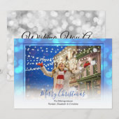 Blue Bokeh en Blue Framed-kerstfoto Feestdagenkaart (Voorkant / Achterkant)