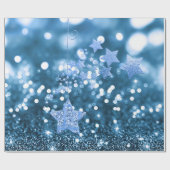 Blue Bokeh Faux Glitter & Stars Cadeaupapier (Vlak)