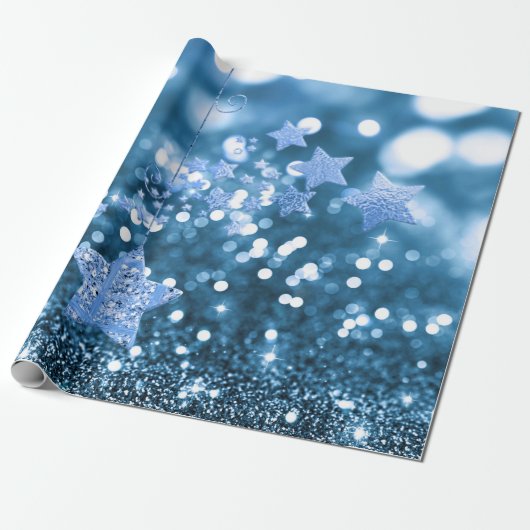 Blue Bokeh Faux Glitter & Stars Cadeaupapier (Uitgerold)