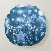 Blue Bokeh Faux Glitter & Stars Rond Kussen (Voorkant)