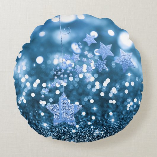 Blue Bokeh Faux Glitter & Stars Rond Kussen (Voorkant)