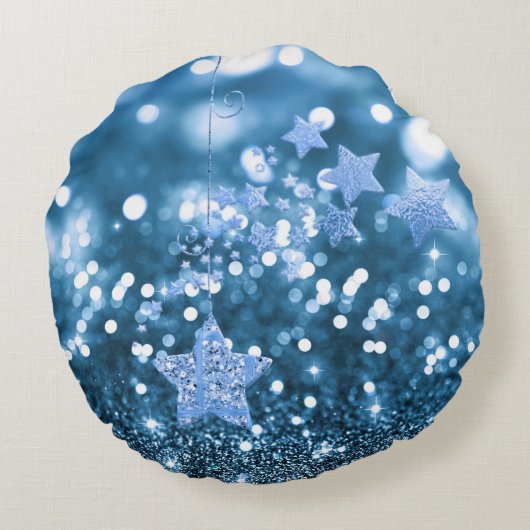 Blue Bokeh Faux Glitter & Stars Rond Kussen (Achterkant)
