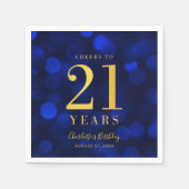 Blue Bokeh Faux Gold Proost op 21 Jaar Verjaardag Servet (Voorkant)