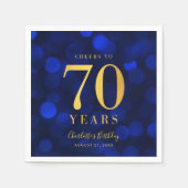 Blue Bokeh Faux Gold Proost op 70 Jaar Verjaardag Servet (Voorkant)