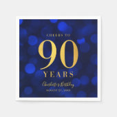 Blue Bokeh Faux Gold Proost op 90 Jaar Verjaardag Servet (Voorkant)