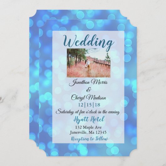Blue Bokeh foto bruiloft uitnodigingen (Voorkant / Achterkant)