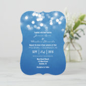 Blue Bokeh Glitter Lights Wedding Uitnodiging (Staand voorkant)