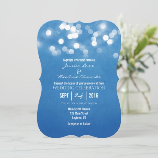 Blue Bokeh Glitter Lights Wedding Uitnodiging (Staand voorkant)