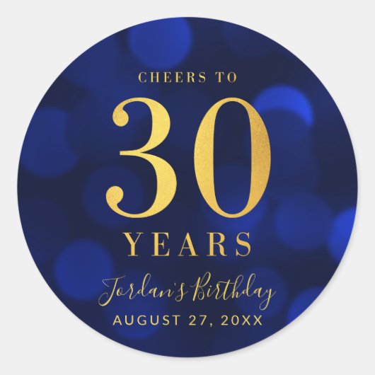 Blue Bokeh Gold Cheers tot 30 jaar verjaardag Ronde Sticker (Voorkant)