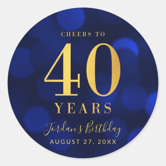 Blue Bokeh Gold Cheers tot 40 jaar verjaardag Ronde Sticker (Voorkant)