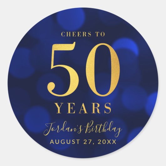 Blue Bokeh Gold Cheers tot 50 jaar verjaardag Ronde Sticker (Voorkant)