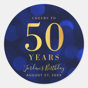 Blue Bokeh Gold Cheers tot 50 jaar verjaardag Ronde Sticker