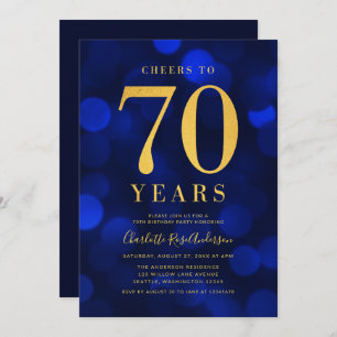 Blue Bokeh Gold Cheers tot 70 jaar feest Kaart