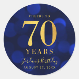 Blue Bokeh Gold Cheers tot 70 jaar verjaardag Ronde Sticker