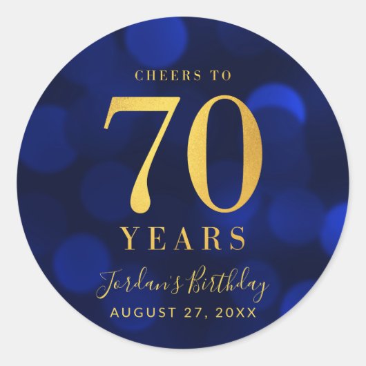 Blue Bokeh Gold Cheers tot 70 jaar verjaardag Ronde Sticker (Voorkant)