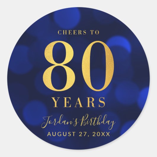Blue Bokeh Gold Cheers tot 80 jaar verjaardag Ronde Sticker (Voorkant)