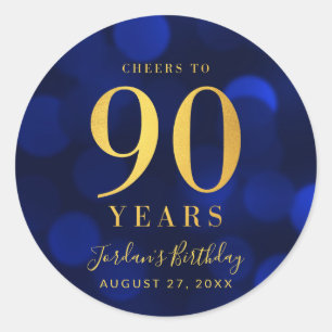 Blue Bokeh Gold Cheers tot 90 jaar verjaardag Ronde Sticker