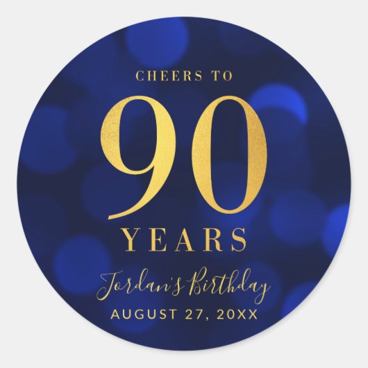 Blue Bokeh Gold Cheers tot 90 jaar verjaardag Ronde Sticker (Voorkant)