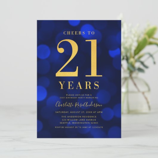 Blue Bokeh Gold juicht 21 jaar verjaardagsfeest to Kaart (Staand voorkant)