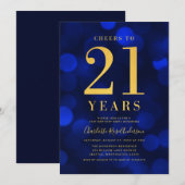 Blue Bokeh Gold juicht 21 jaar verjaardagsfeest to Kaart (Voorkant / Achterkant)