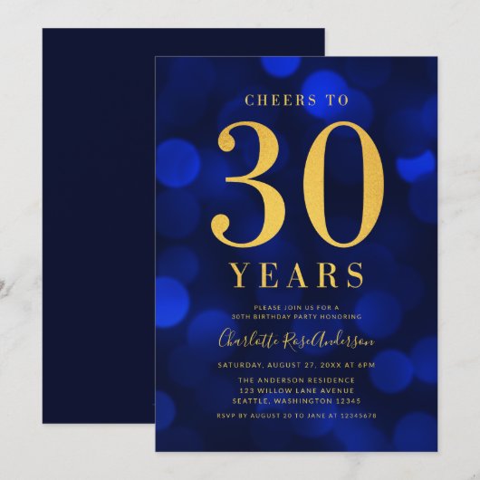 Blue Bokeh Gold juicht voor 30 jaar verjaardagsfee Kaart (Voorkant / Achterkant)