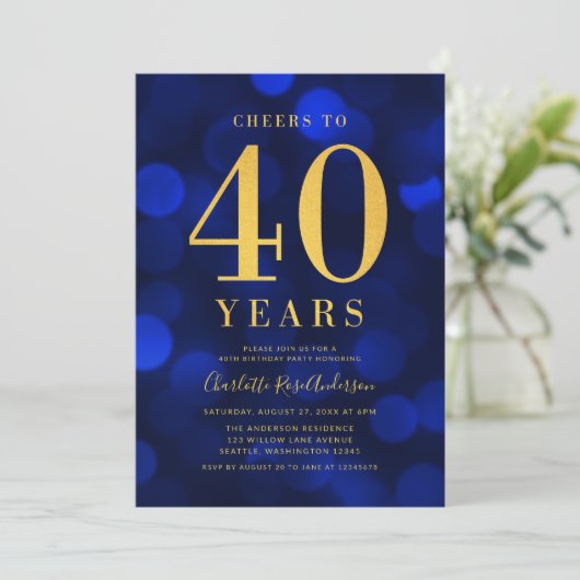 Blue Bokeh Gold juicht voor 40 jaar verjaardagsfee Kaart (Staand voorkant)