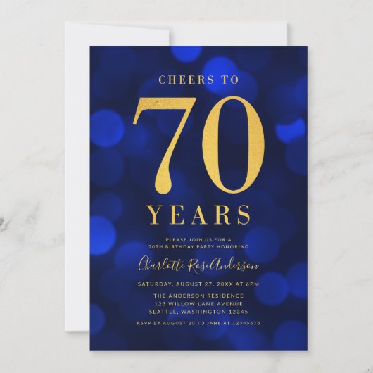 Blue Bokeh Gold juicht voor 70 jaar verjaardagsfee Kaart (Voorkant)
