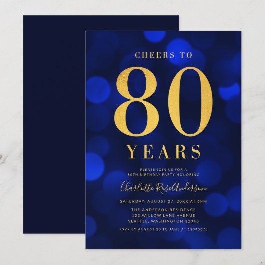 Blue Bokeh Gold juicht voor 80 jaar verjaardagsfee Kaart (Voorkant / Achterkant)