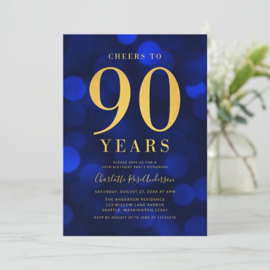 Blue Bokeh Gold juicht voor 90 jaar verjaardagsfee Kaart (Staand voorkant)