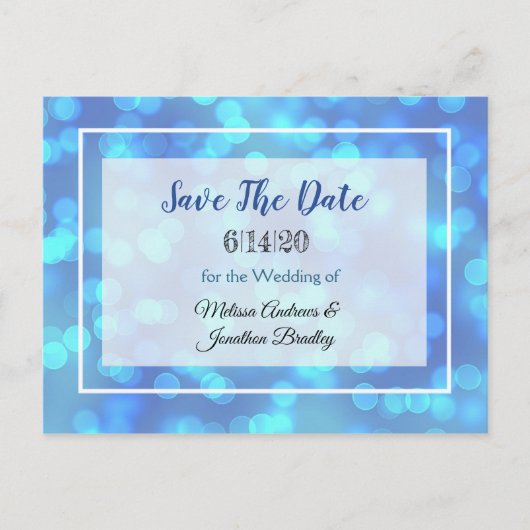 Blue Bokeh Save the Date Briefkaart (Voorkant)