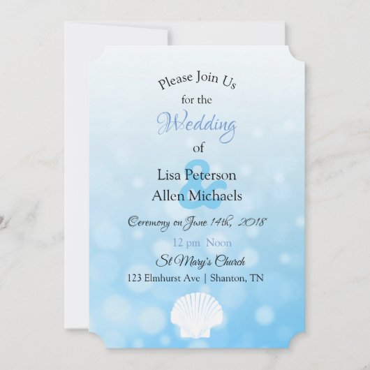 Blue Bokeh Seashell Wedding Uitnodiging (Voorkant)