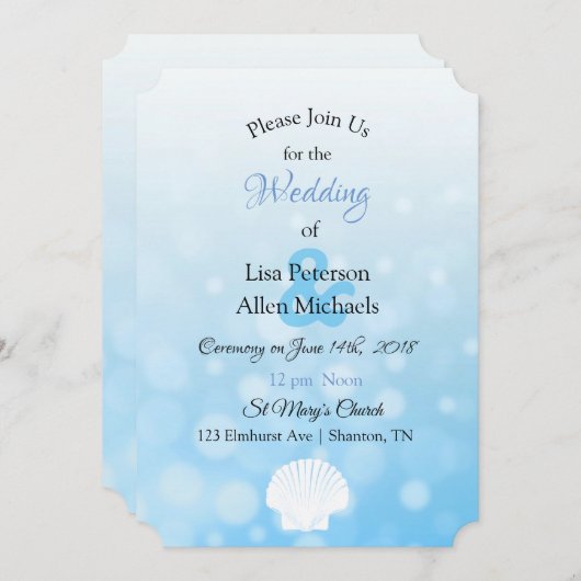 Blue Bokeh Seashell Wedding Uitnodiging (Voorkant / Achterkant)