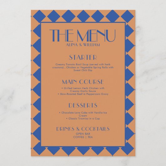 Blue Bold Funky Retro Checkerboard Wedding Menu (Voorkant)