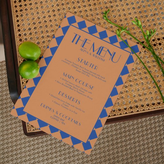 Blue Bold Funky Retro Checkerboard Wedding Menu