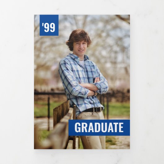 Blue Bold & Modern Photo Afstuderen Drieluik Uitnodiging (Cover)