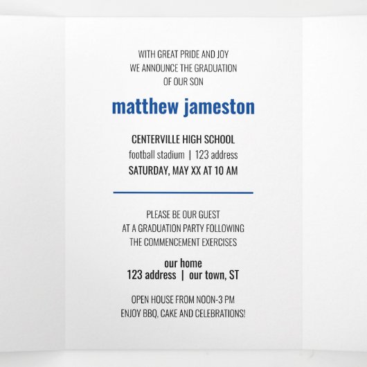 Blue Bold & Modern Photo Afstuderen Drieluik Uitnodiging (Binnenkant midden)