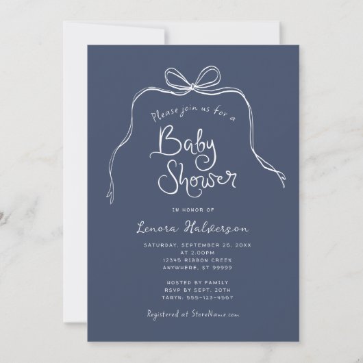 Blue Bold Simple Bow Baby shower Invitation Kaart (Voorkant)
