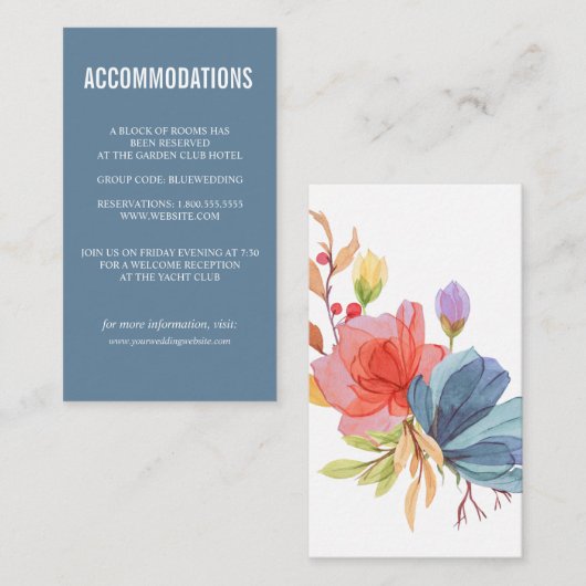 Blue Bold Wildflowers bruiloft ACCOMMODATIE Informatiekaartje (Voorkant / Achterkant)