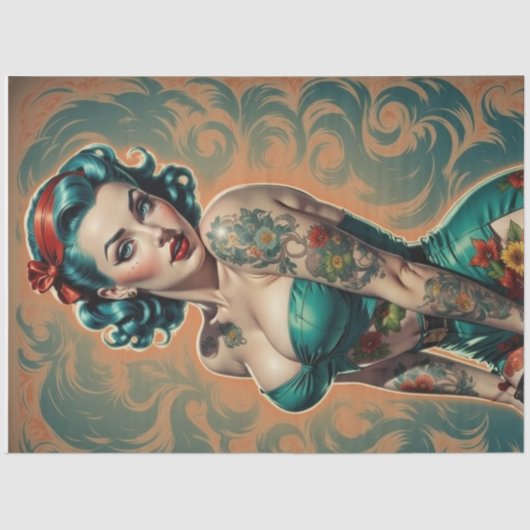 Blue Bombshell - Retro Pin-Up Girl Decoupage Tissuepapier (Voorkant)
