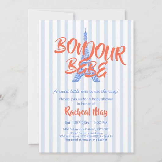 Blue Bonjour Bébé Baby shower Invitation Bedankkaart (Voorkant)