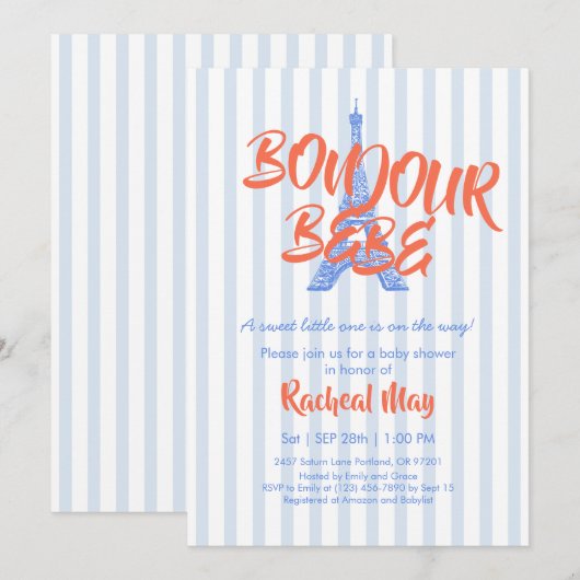 Blue Bonjour Bébé Baby shower Invitation Bedankkaart (Voorkant / Achterkant)