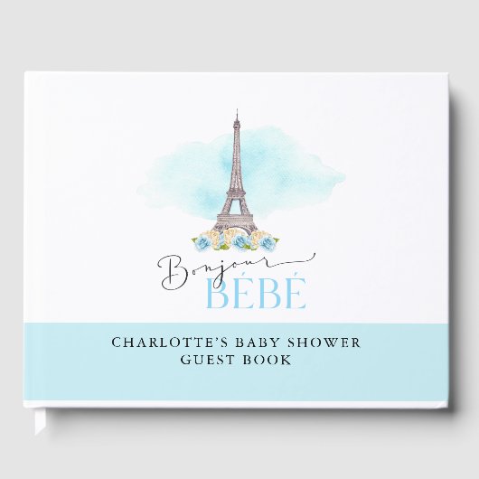 Blue Bonjour Bébé Eiffeltoren Baby shower Gastenboek (Voorkant)