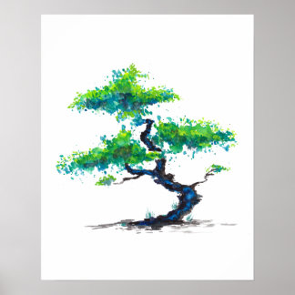 Blue Bonsai Waterverf Poster