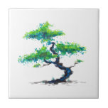 Blue Bonsai Waterverf Tegeltje<br><div class="desc">traditioneel schilderij van een japanse bonsai - boom in levendige groene en blauwe kleuren op een keramisch tegel</div>