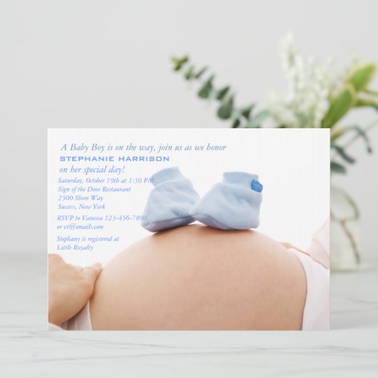 Blue Booties op de uitnodiging van het Belly Baby  (Staand voorkant)