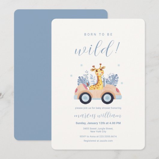 Blue Born To Be Wild Safari Giraffe Baby Shower Kaart (Voorkant / Achterkant)